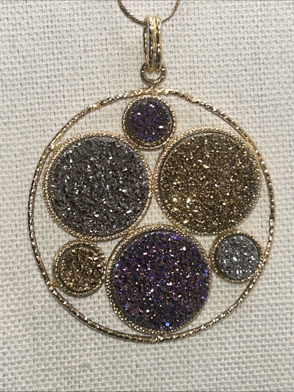 Milor Italy 14KT Gold Multi-Color Gem Show Druzy Circle Pendant and Earrings Set